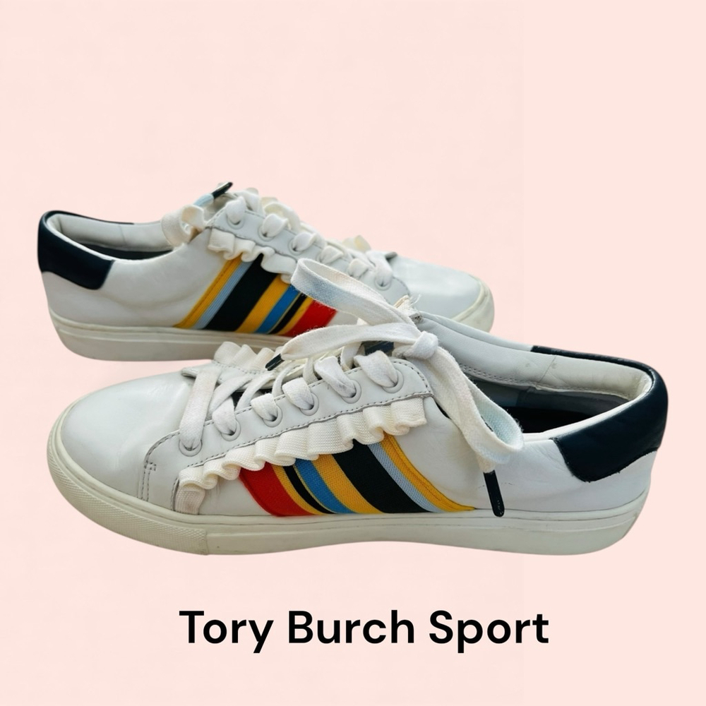 Women's Tory Burch White Multi-color Striped Ruffle Sneakers 9